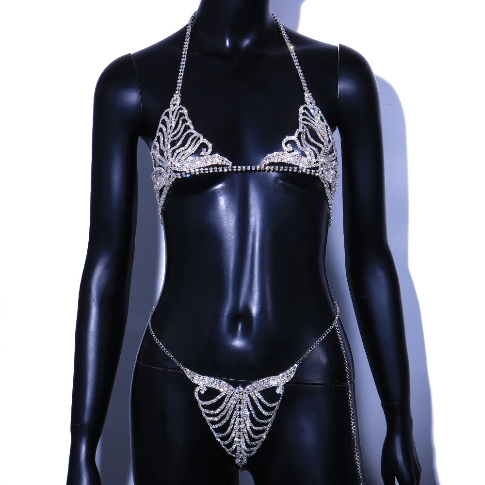 Rave Lingerie Chain Set Rhinestone Bra Thong Panties Glitter.