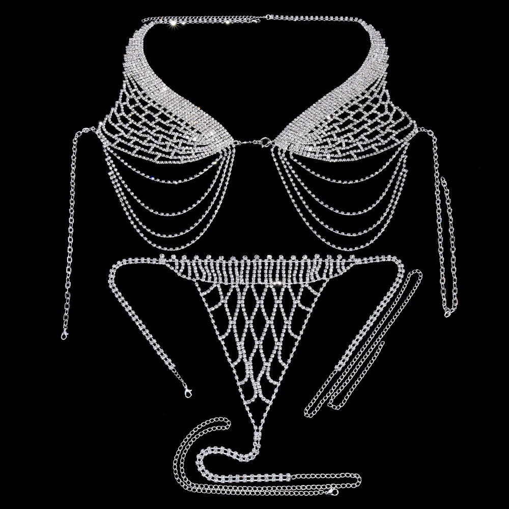 Tassel Underwear Rhinestone Bra Chain Thong Sets