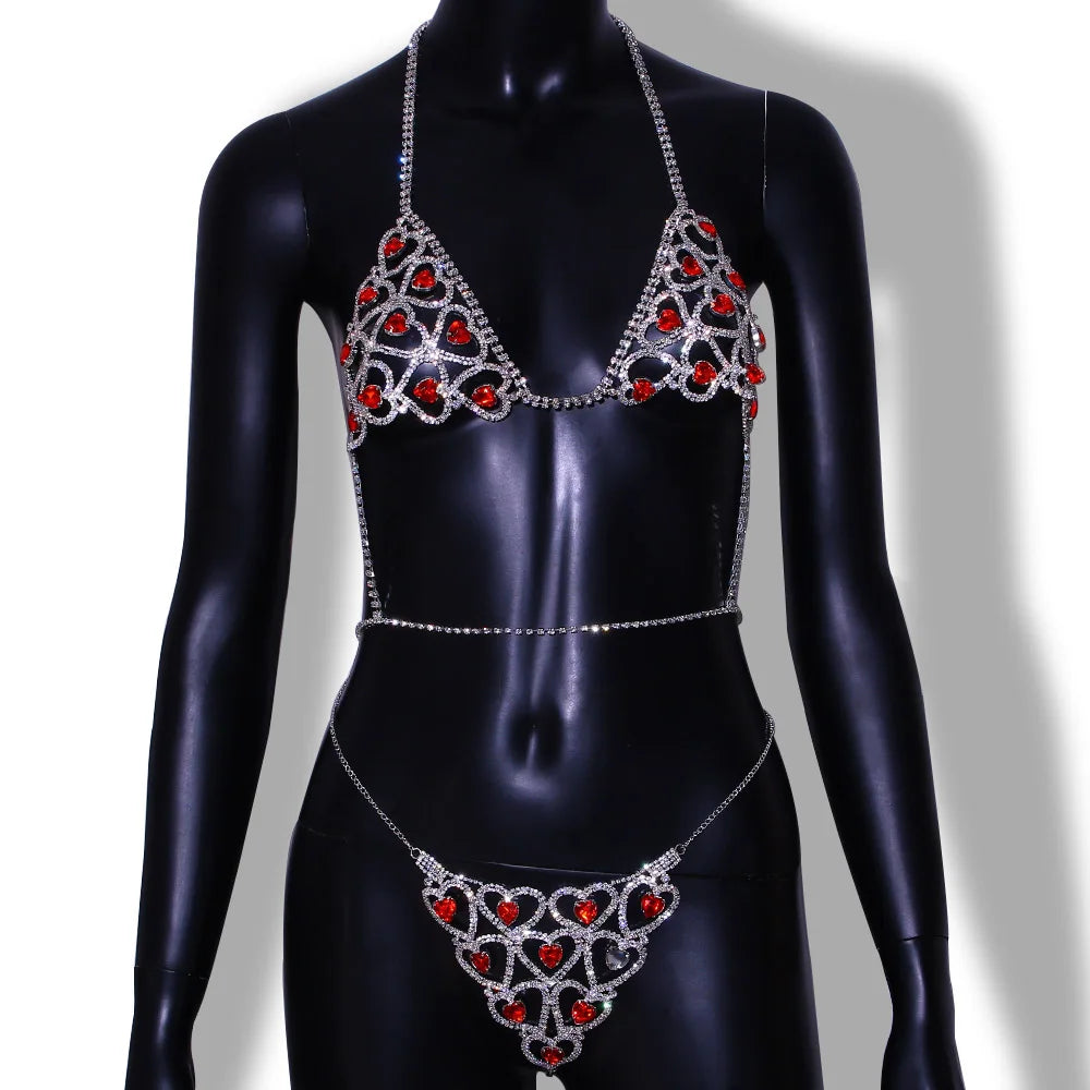 Stonefans New Heart Crystal Bikini Set Chain Lingerie.