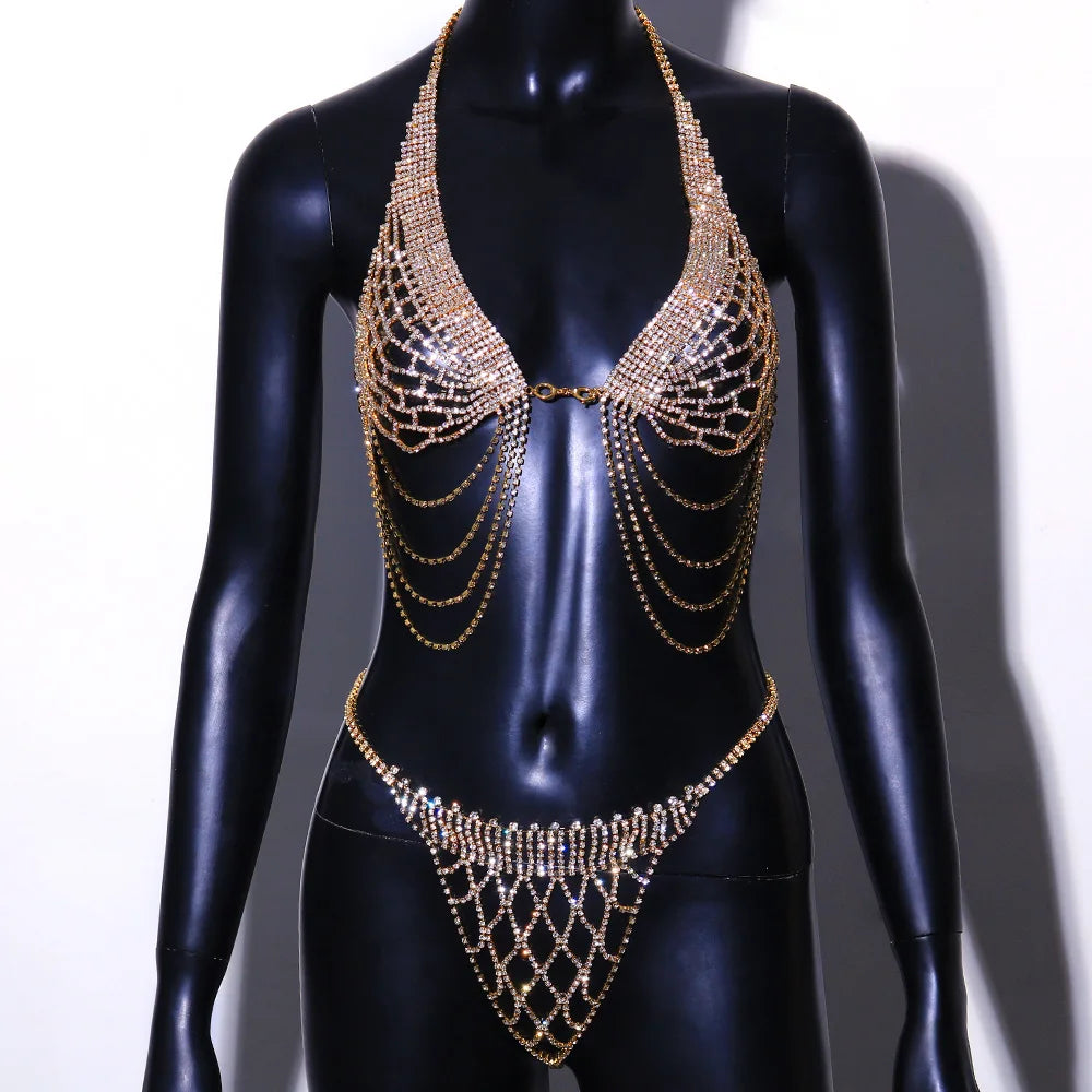 Tassel Underwear Rhinestone Bra Chain Thong Sets