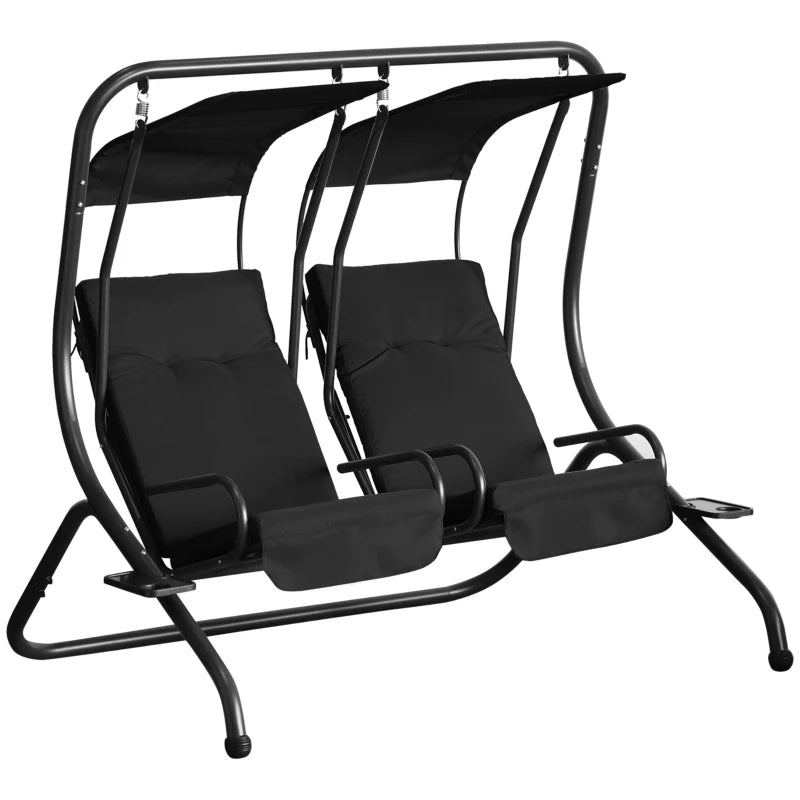 Black Patio Swing Chair with 2 Separate Seats with Removable Canopy aPoolside, Backyard