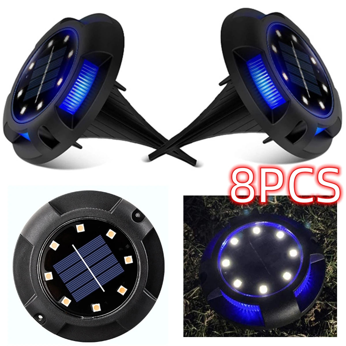 8/12LED Solar Power Disk Light Outdoor Garden Lamp.