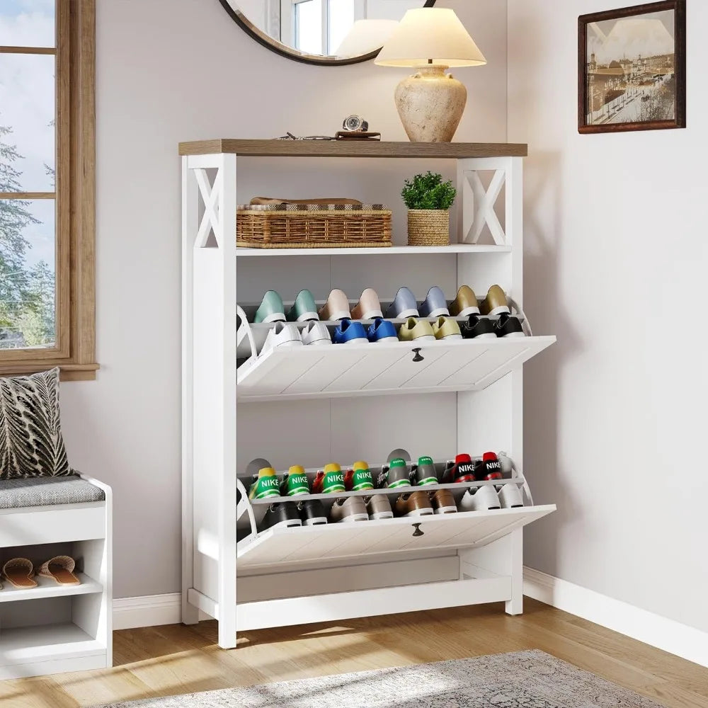 Shoe cabinet with 2 flipped drawers, open shelves.