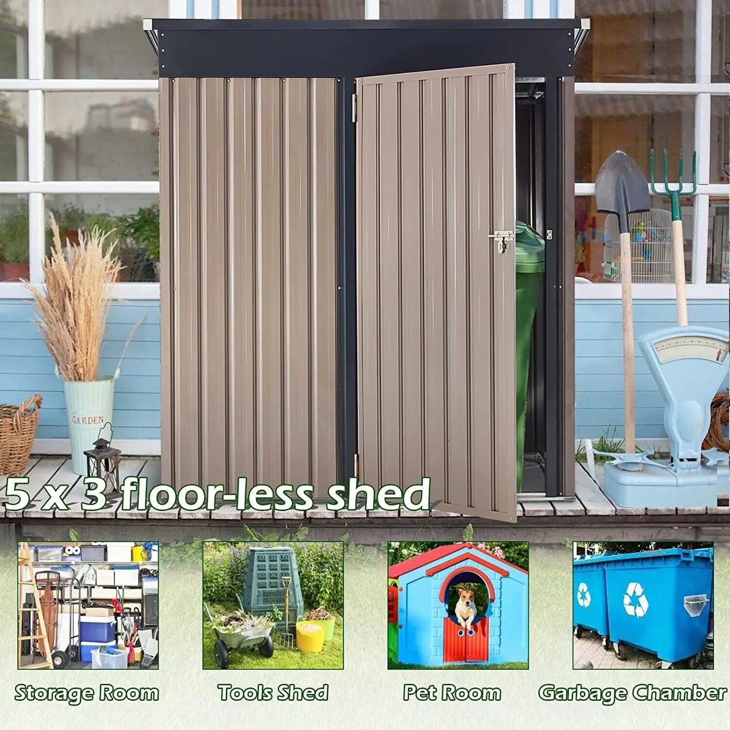 Backyard tool shed, outdoor metal storage shed.