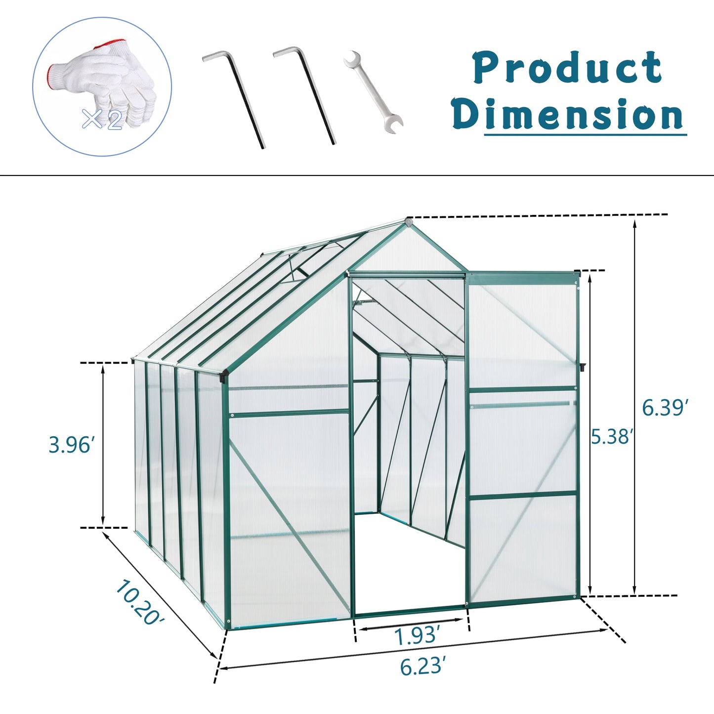 6X10FT Polycarbonate Greenhouse Raised Base and Anchor Aluminum.