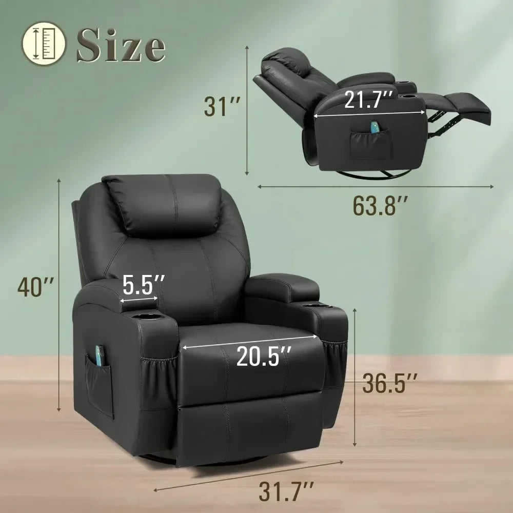 YESHOMY Swivel Rocker Recliner with Massage and Heating Functions Living room Chair with Remote Control and Two Cup Holders