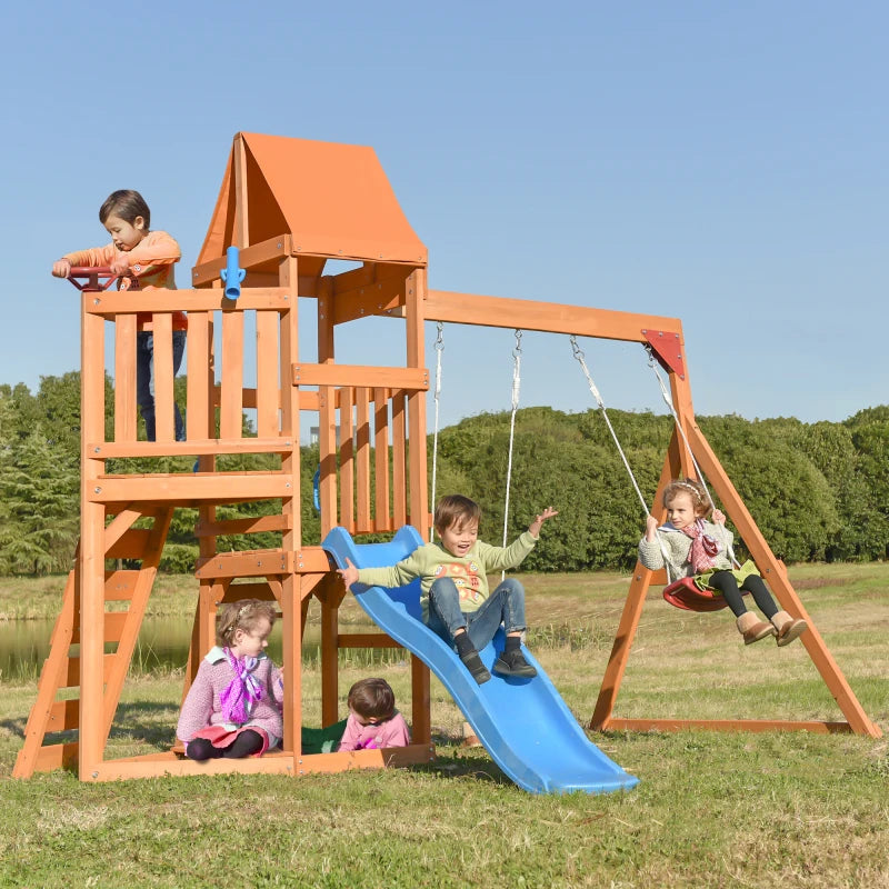 Wooden Swing Set with Slide, Climbing wall, Sandbox and Wood Roof,