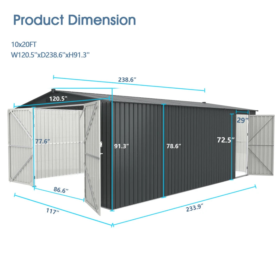 Outdoor Storage Shed 20x10 FT, Metal Garden Shed.