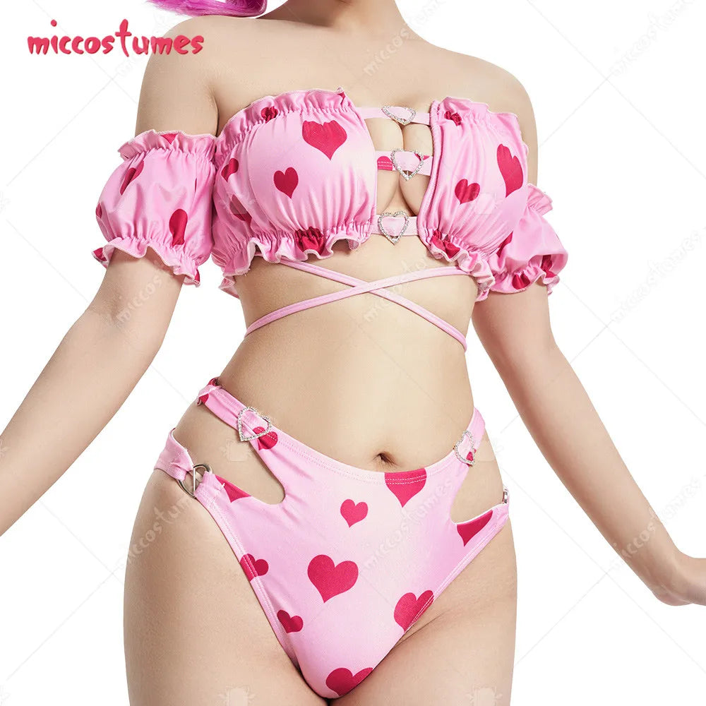 Women Girls Swimsuit Kawaii Pink heart print swimsuit Bikini Set.