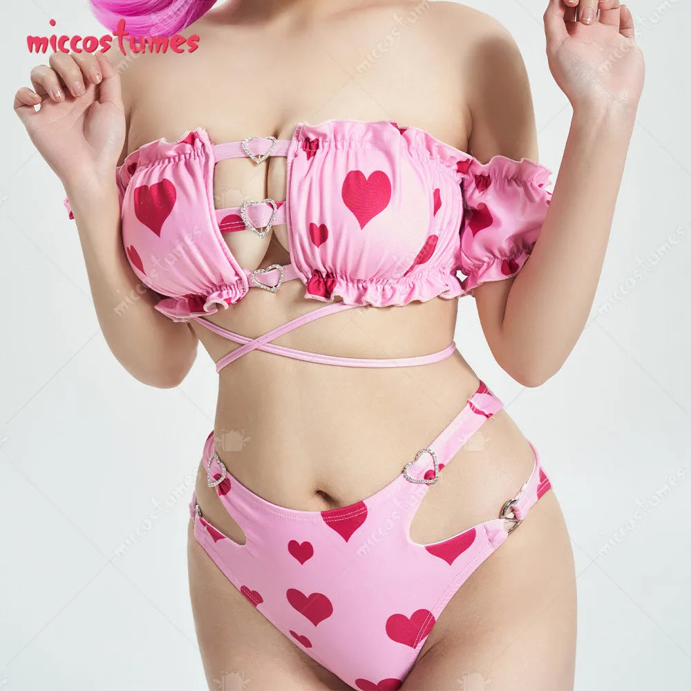 Women Girls Swimsuit Kawaii Pink heart print swimsuit Bikini Set.