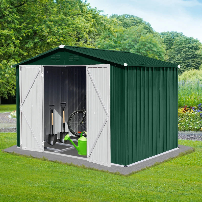 Green+White Metal garden sheds 6ftx8ft.