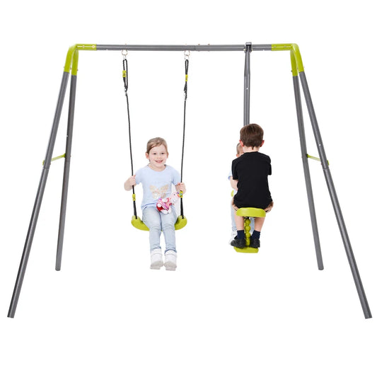 2 in 1 Metal Swing Set for Backyard, Heavy Duty A-Frame, Height Adjustment