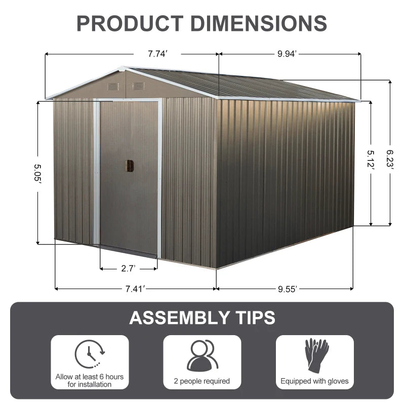 8x10ft Outdoor Metal Storage Shed, utility tool room.