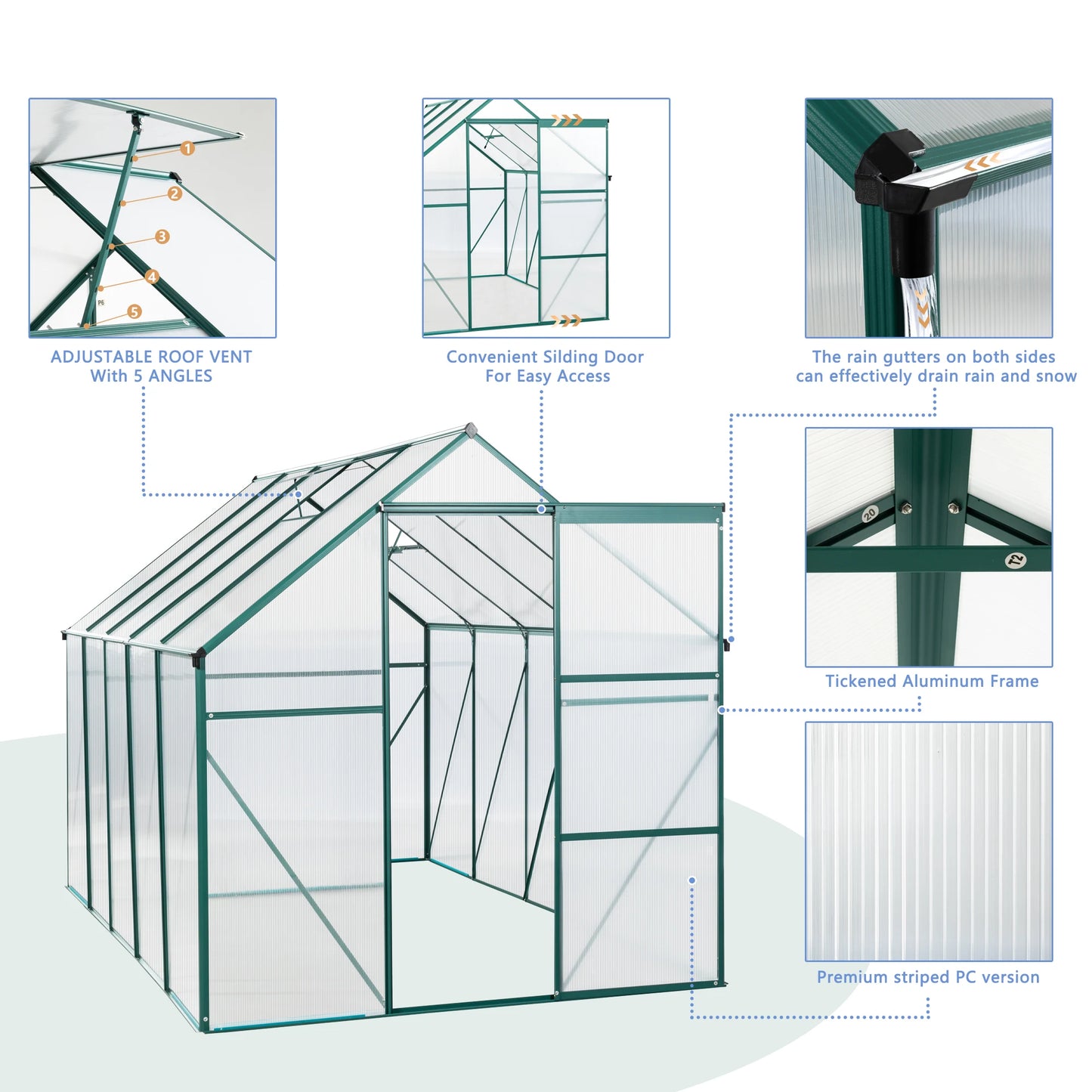 6X10FT Polycarbonate Greenhouse Raised Base and Anchor Aluminum.