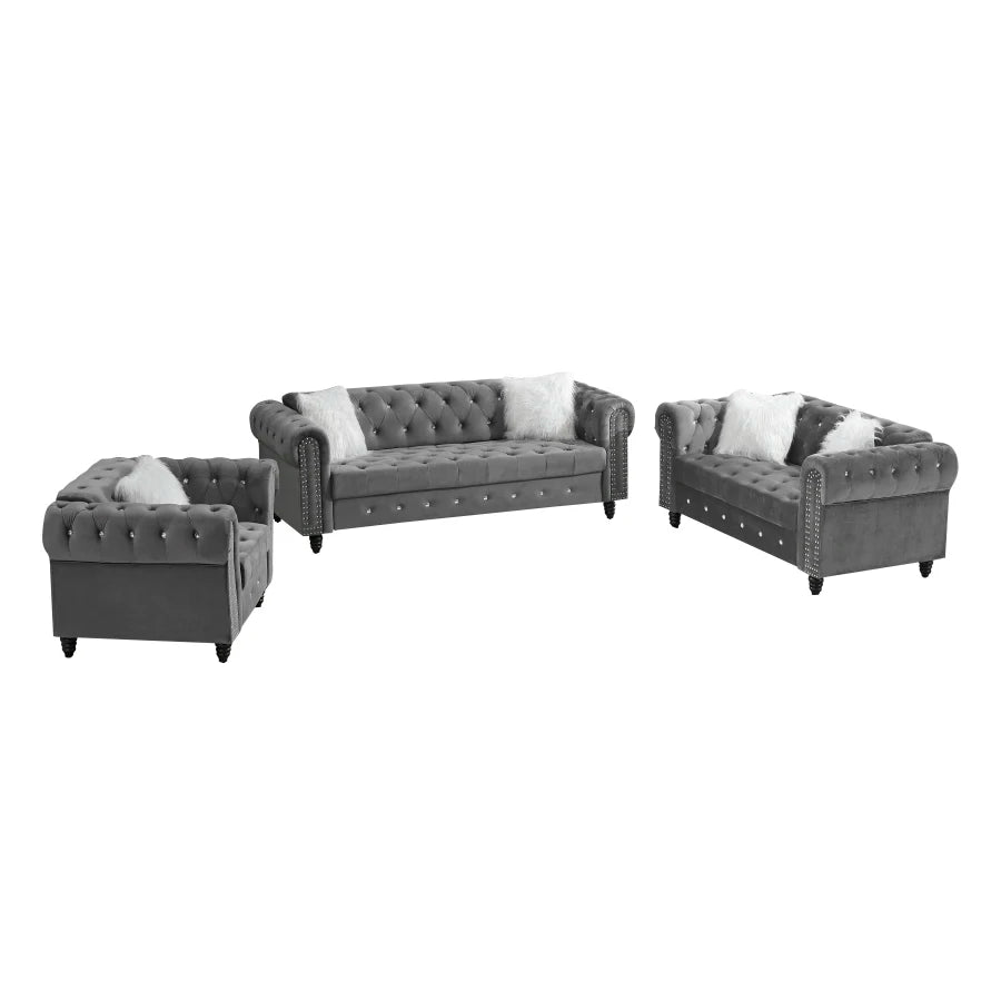 1+2+3 Grey Velvet Sofa Roll Arm Chesterfield Classic Sofa i