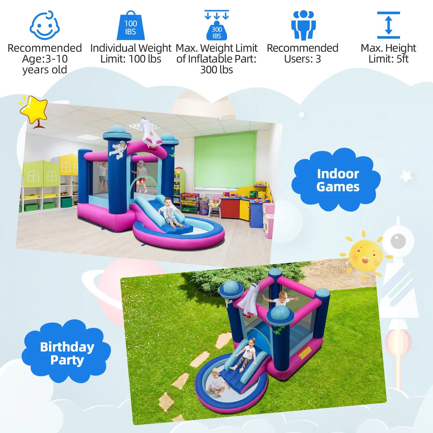 Babyjoy Inflatable Space-themed Bounce House Kids 3-in-1 Bounce Castle W/ 480W Blower