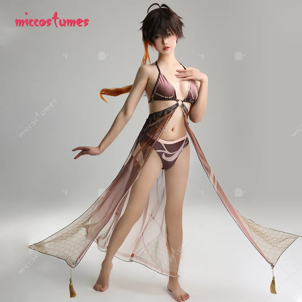 Women Zhongli Derivative Bikini Cosplay Costume Set.