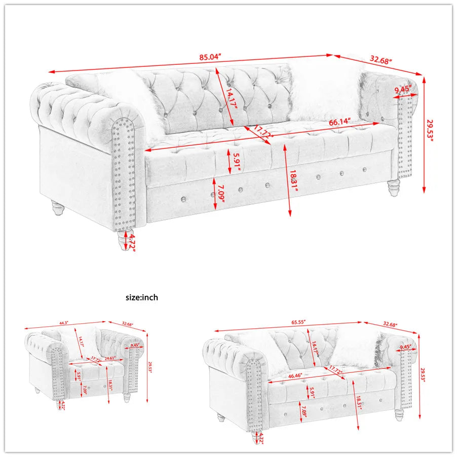 1+2+3 Grey Velvet Sofa Roll Arm Chesterfield Classic Sofa i