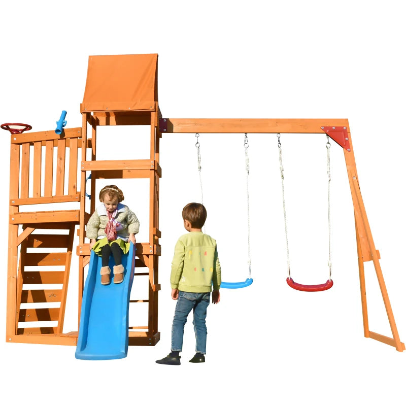 Wooden Swing Set with Slide, Climbing wall, Sandbox and Wood Roof,