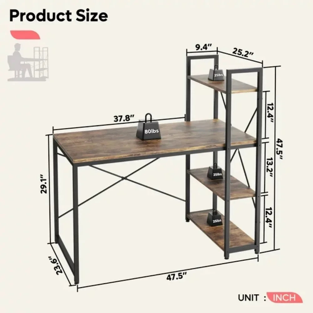 47 Inch Computer Desk with Under  and Side Storage Shelves