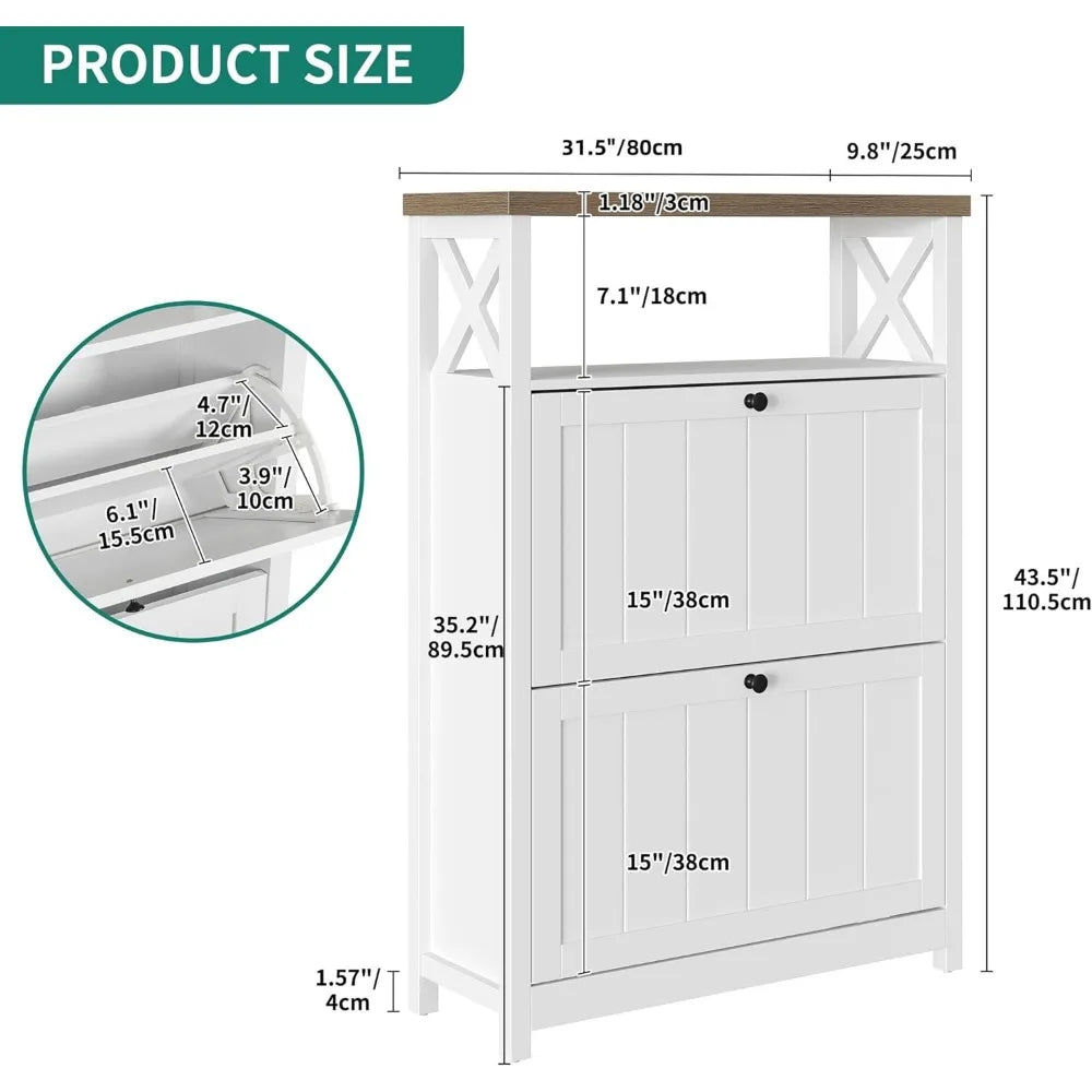 Shoe cabinet with 2 flipped drawers, open shelves.