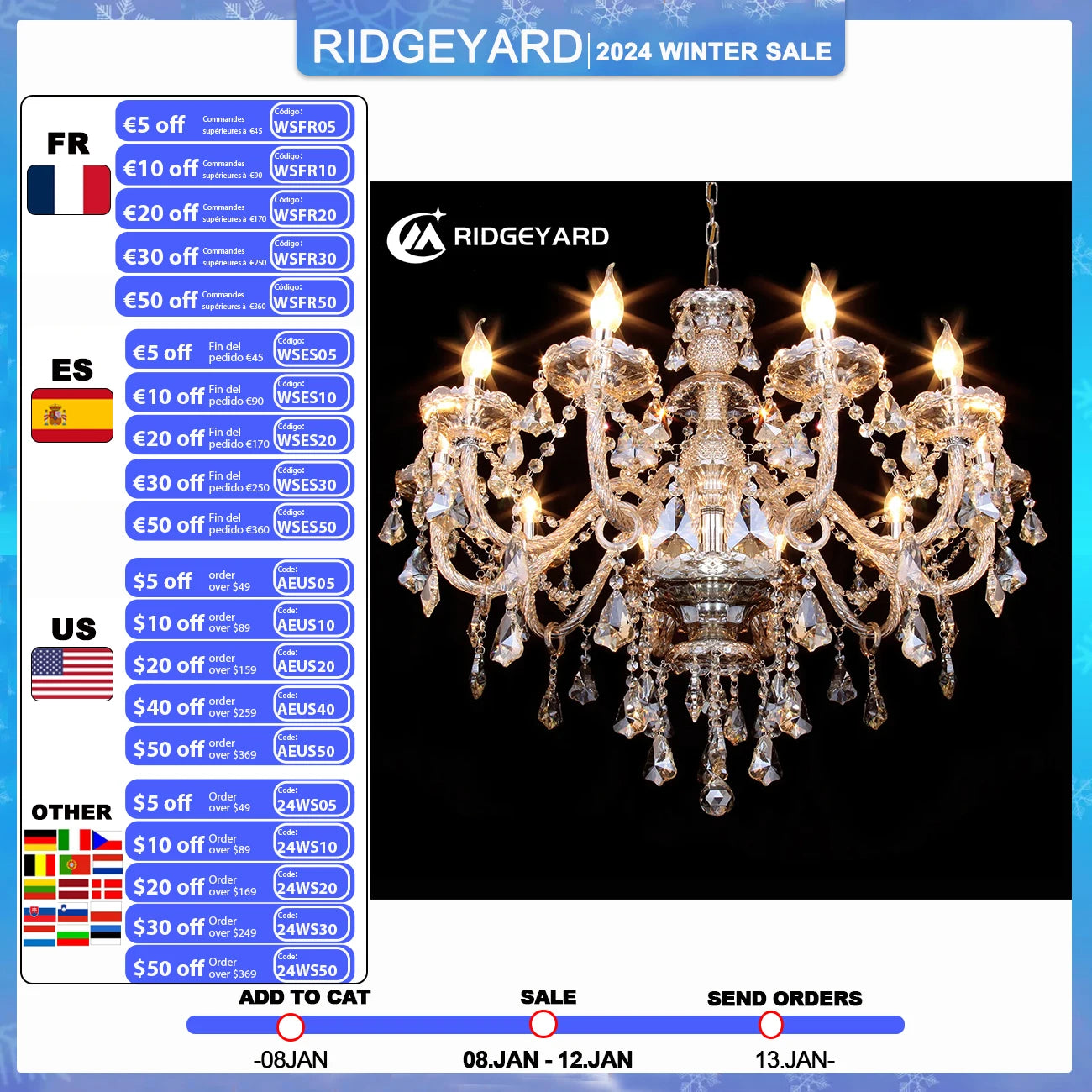 Ridgeyard 4/6/8/10/15 Arms Crystal Chandelier Pendant Light.