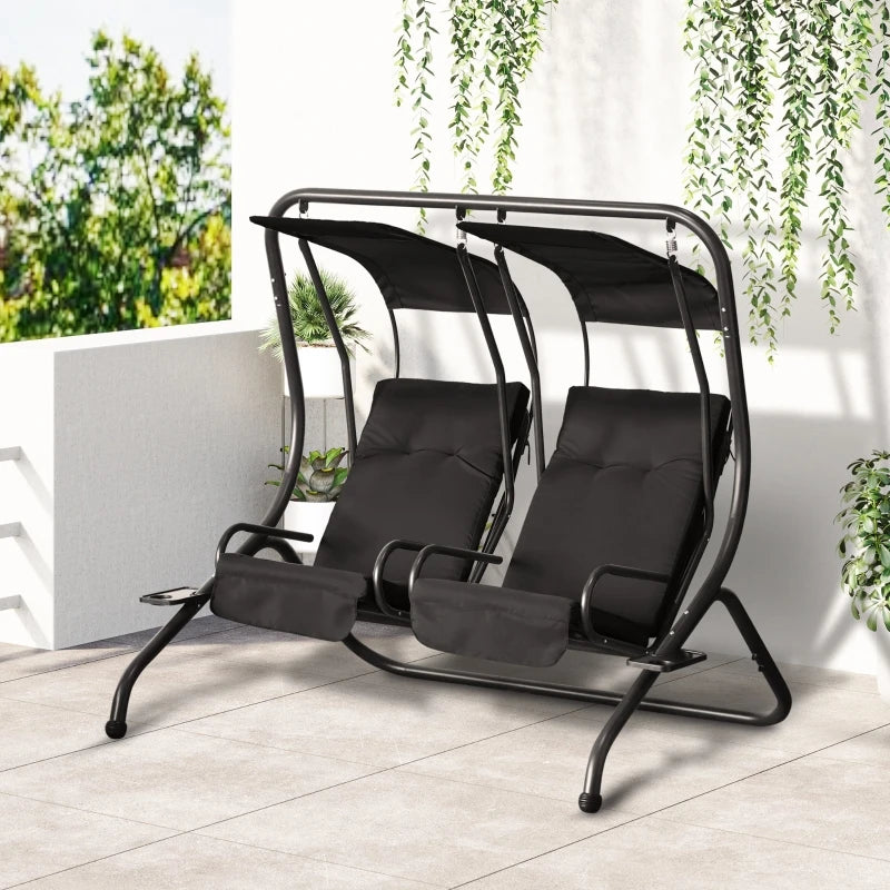 Black Patio Swing Chair with 2 Separate Seats with Removable Canopy aPoolside, Backyard