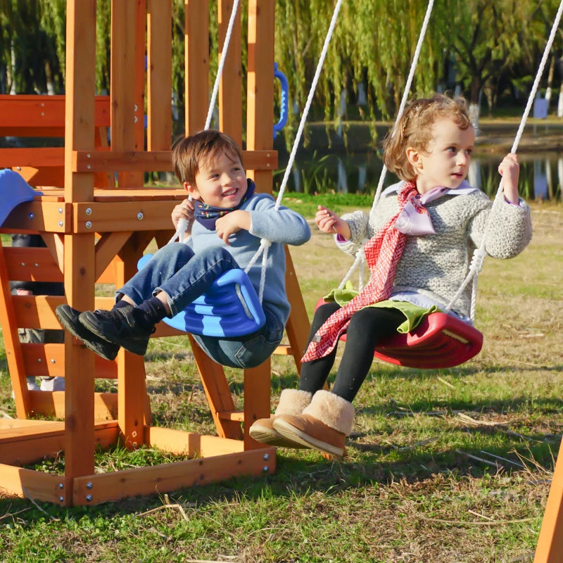 Wooden Swing Set with Slide, Climbing wall, Sandbox and Wood Roof,