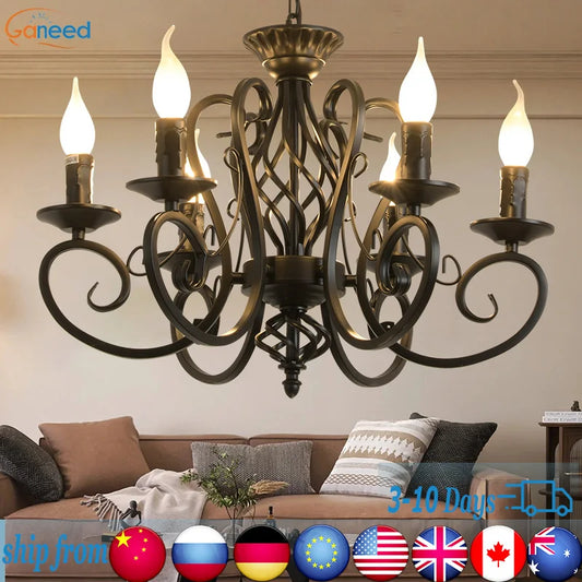 Iron Candle Retro Chandelier 6 Lights Farmhouse Hanging Chandeliers