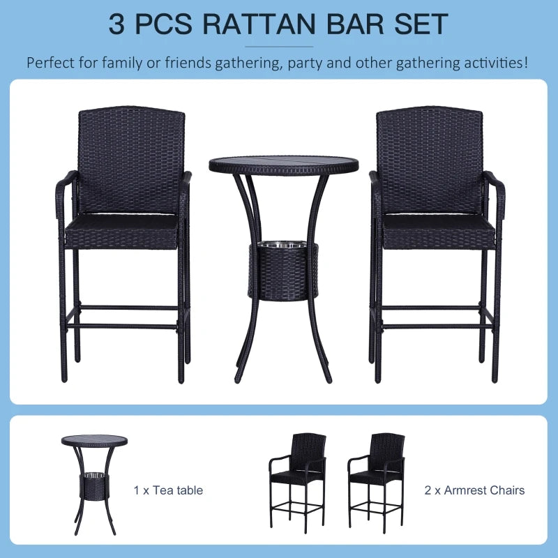 Rattan Wicker Bar Set for 3 PCS with Ice BucketsPoolside,Backyard,Porches