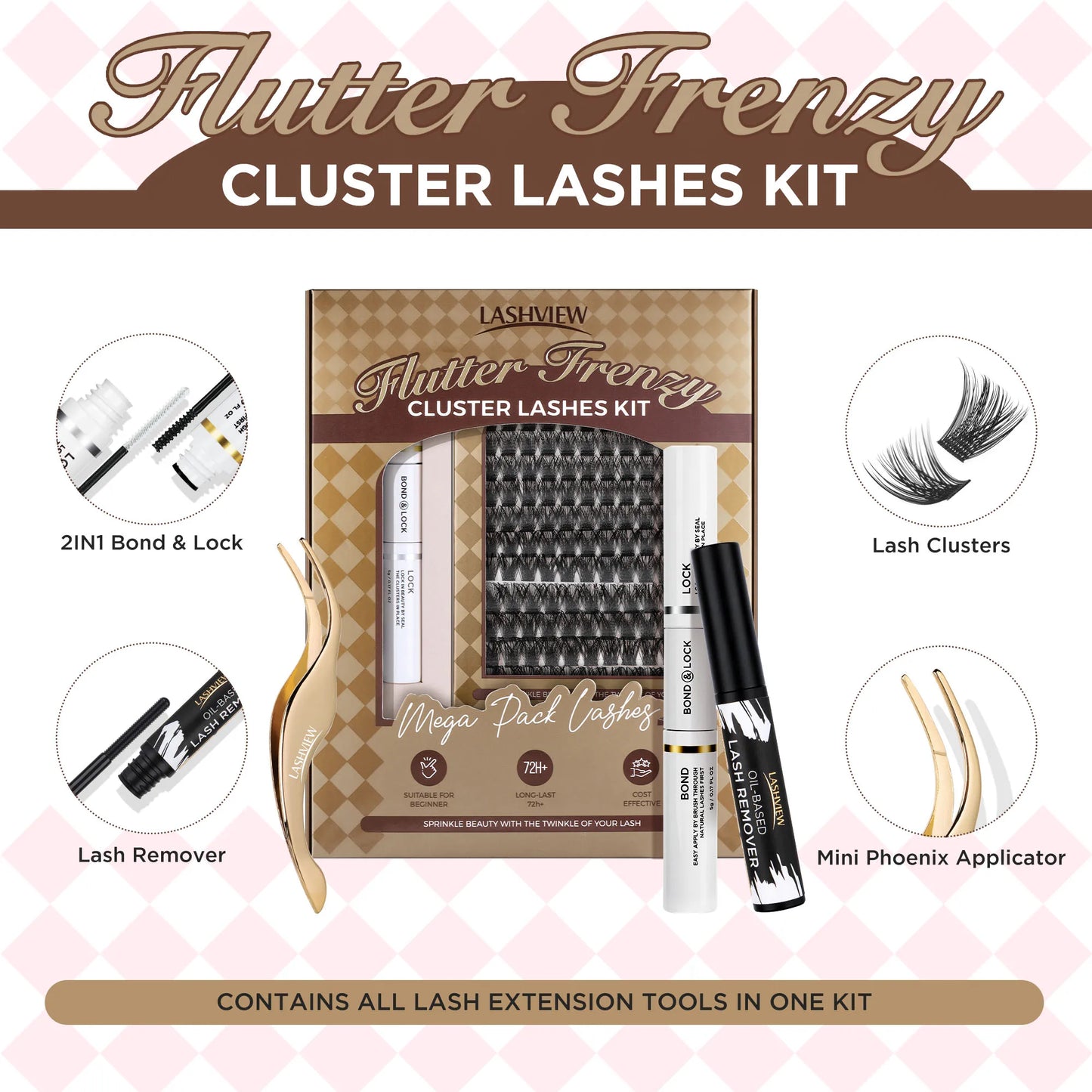 Lashview 280Pcs Cluster Reusable Individual Lashes Thin Band CT50 56D KIT