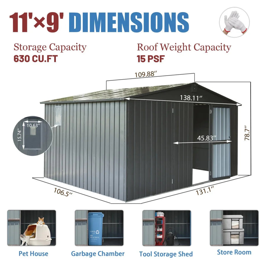 Backyard Storage Shed 11'x 9' with Galvanized Steel Frame Tool Storage Room