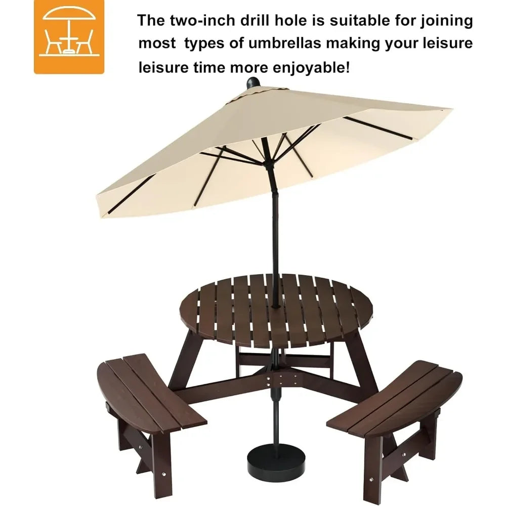 Outdoor Round Table With Umbrella Benches.