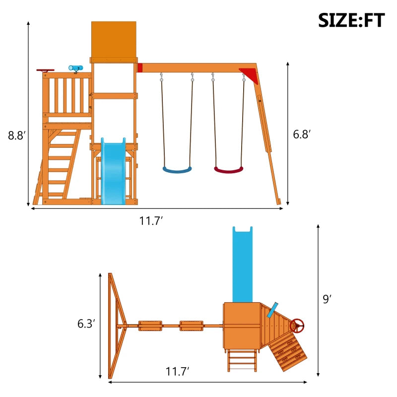 Wooden Swing Set with Slide, Climbing wall, Sandbox and Wood Roof,