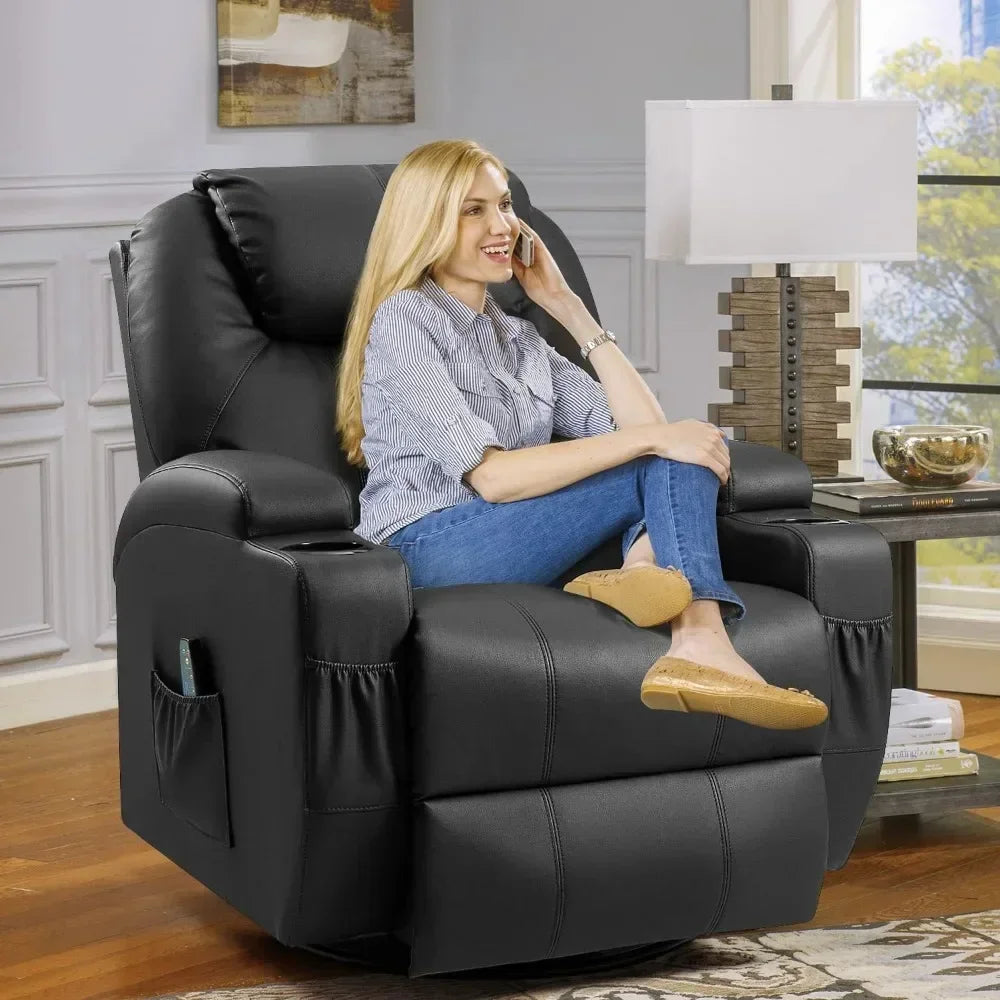 YESHOMY Swivel Rocker Recliner with Massage and Heating Functions Living room Chair with Remote Control and Two Cup Holders