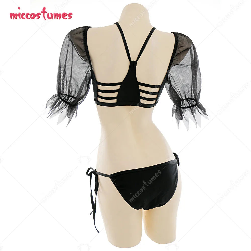 Dark Style Swimsuits for Women Two-Piece Puff Sleeve Chest Open.