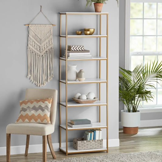 6-Shelf Gold Metal Frame Bookcase.