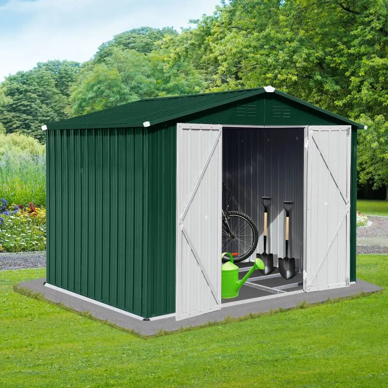 Green+White Metal garden sheds 6ftx8ft.