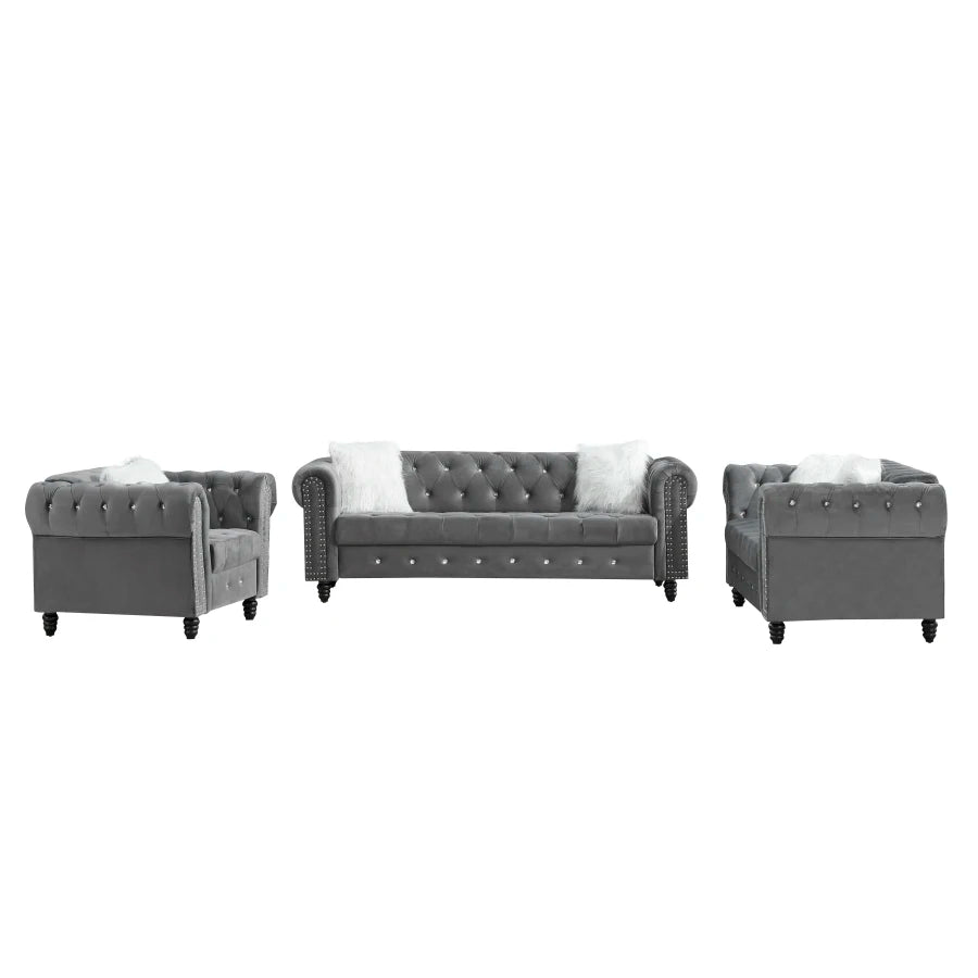 1+2+3 Grey Velvet Sofa Roll Arm Chesterfield Classic Sofa i