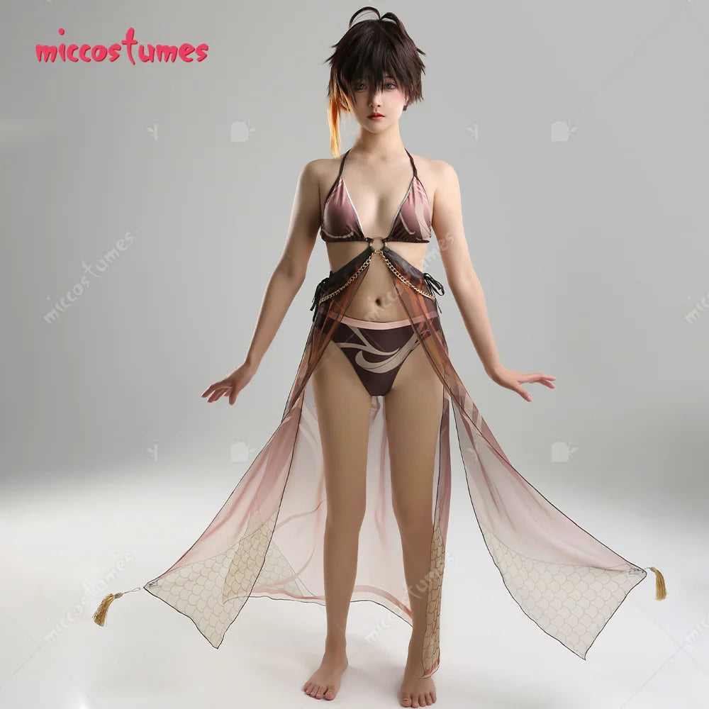 Women Zhongli Derivative Bikini Cosplay Costume Set.