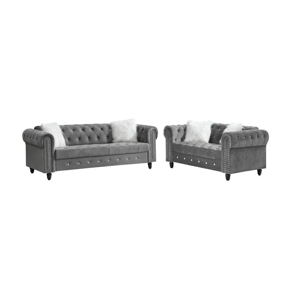 1+2+3 Grey Velvet Sofa Roll Arm Chesterfield Classic Sofa i