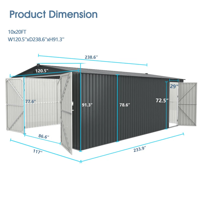 Outdoor storage shed 20x10 feet, metal garden shed.