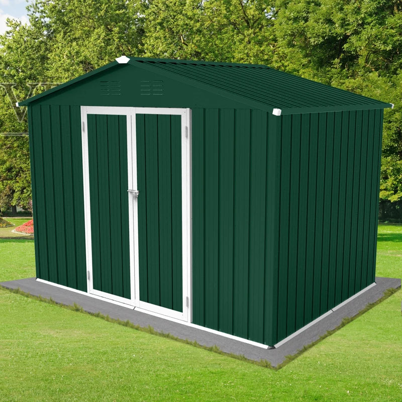 Green+White Metal garden sheds 6ftx8ft.