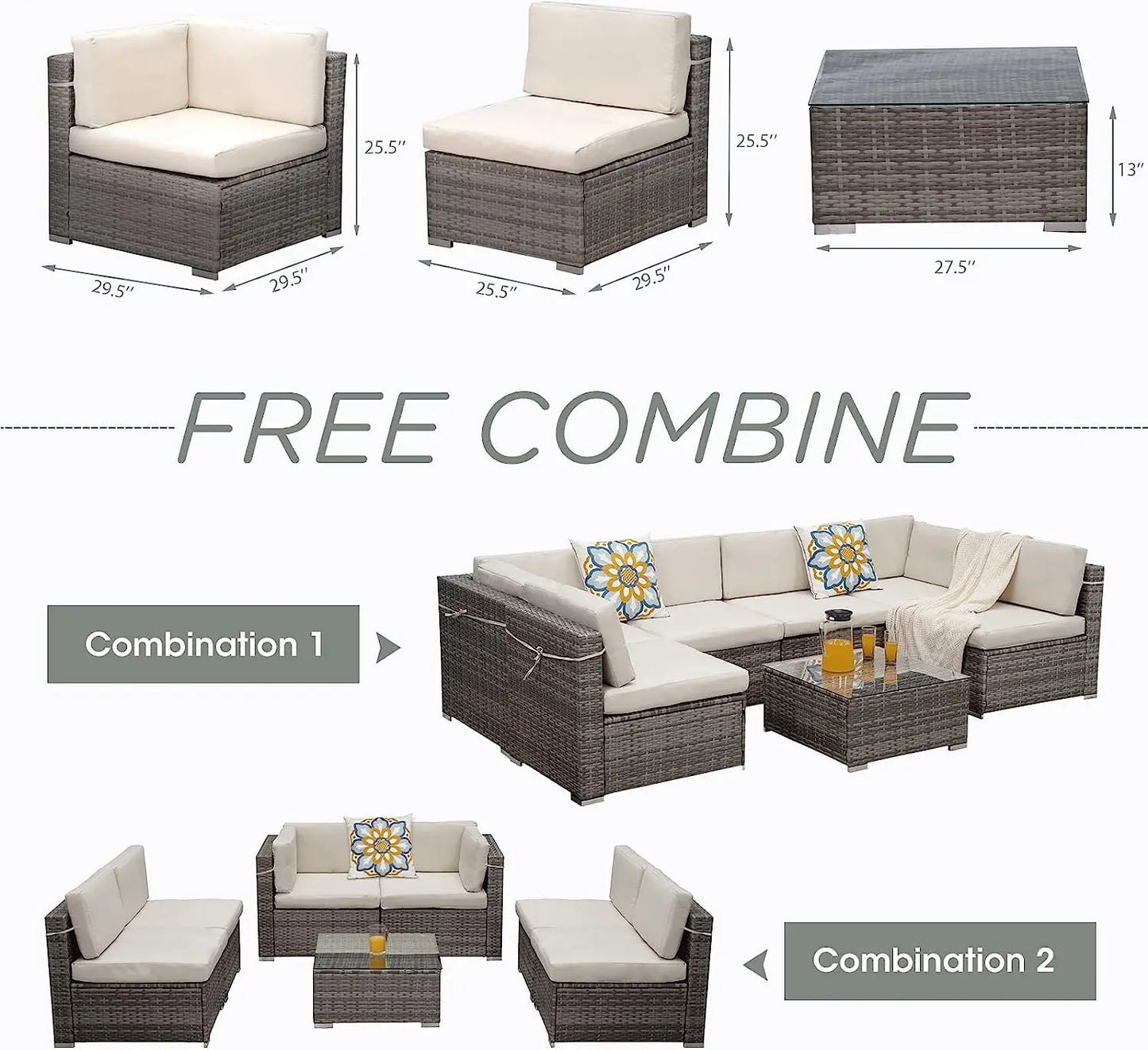 7 Piece Patio Sectional Grey Wicker FurnitureTable