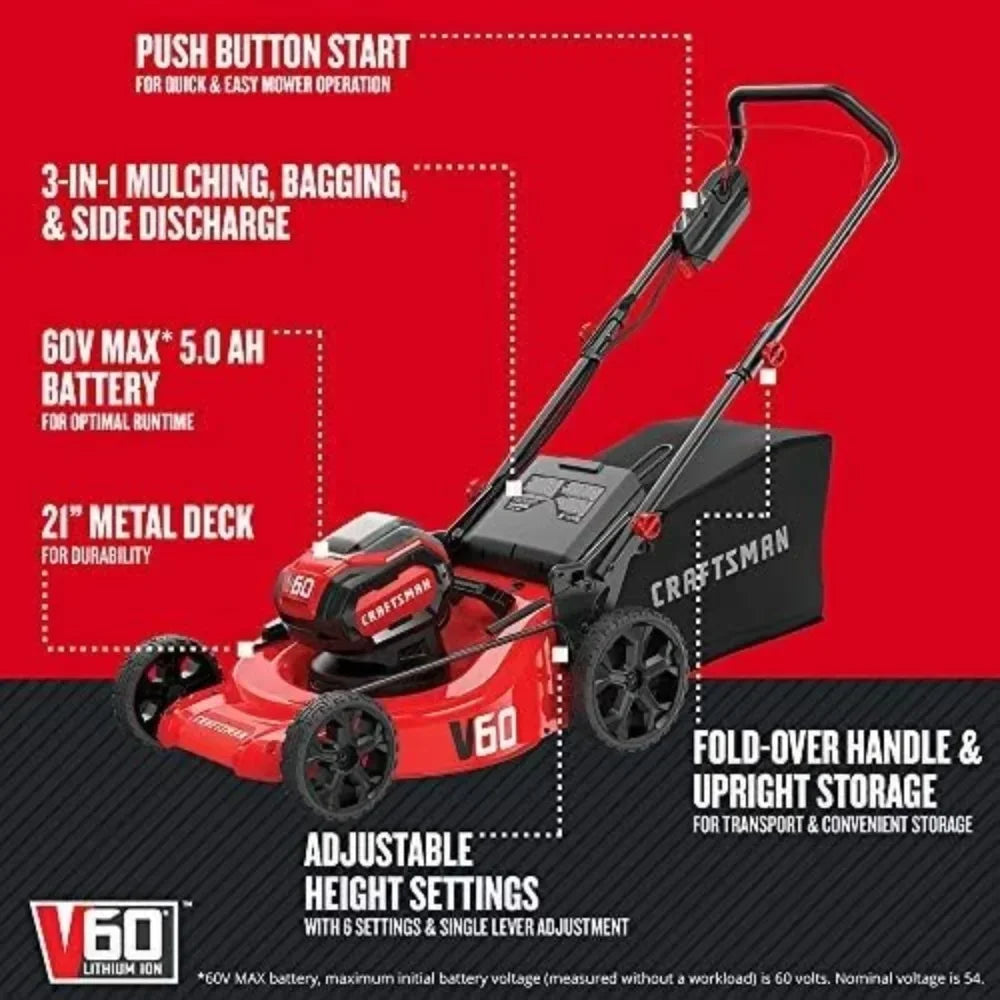 CRAFTSMAN V60* 3-in-1 Cordless Lawn Mower, 21-Inch.