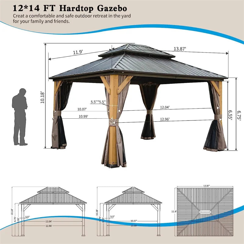 12'x14' Hardtop Gazebo,Cedar Wood Frame Canopy.